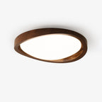 Flush mount ceiling light with walnut wood-effect frame and fabric shade, tri-colour, slim profile