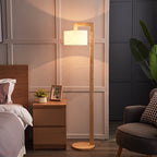 Japanese right angle arm floor lamp in beige, wood and fabric shade, 155cm height