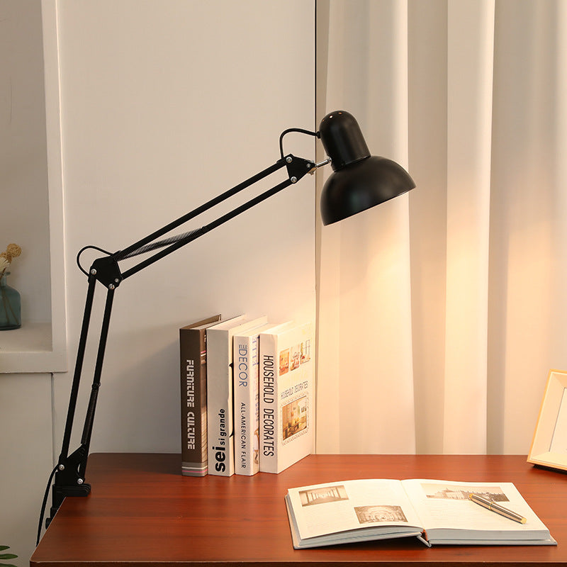 Adjustable LED table lamp with clip-on base and flexible arm, minimalist metal design