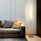 White cylindrical minimalist floor lamp 180cm metal and fabric shade, indoor living room