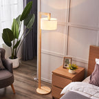 Japanese right angle arm floor lamp in beige, wood and fabric shade, 155cm height