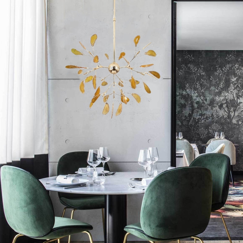 Branch-style glass chandelier with adjustable suspension and metal arms, three sizes