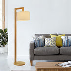 Japanese right angle arm floor lamp in beige, wood and fabric shade, 155cm height