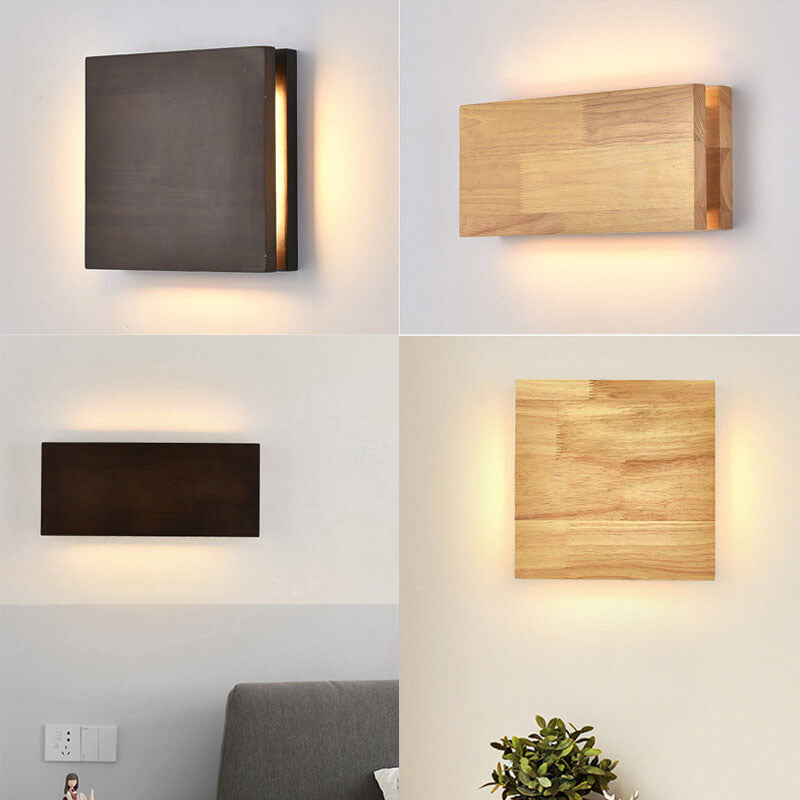 LED wall light Japanese wooden square rectangle rubberwood minimalist design