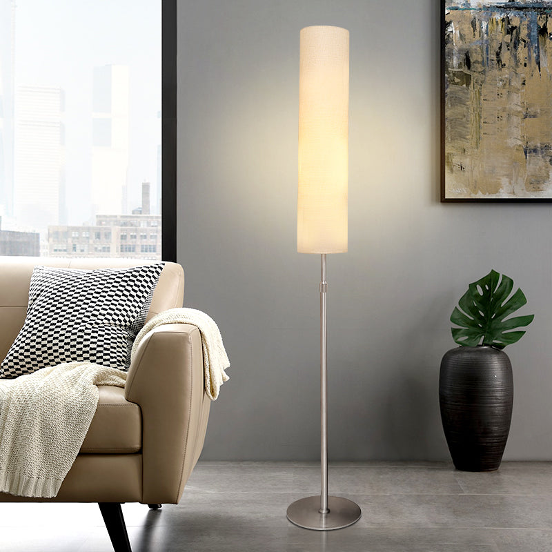 White cylindrical minimalist floor lamp 180cm metal and fabric shade, indoor living room