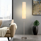 White cylindrical floor lamp 180cm with pleated fabric shade and metal base, minimalist indoor lighting