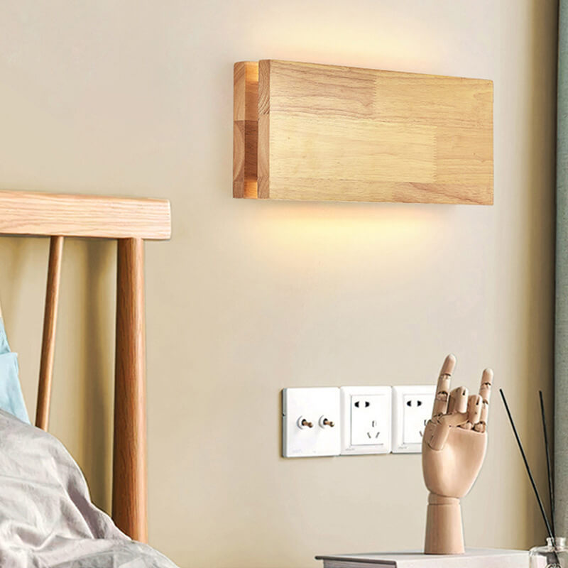 LED wall light Japanese wooden square rectangle rubberwood minimalist design