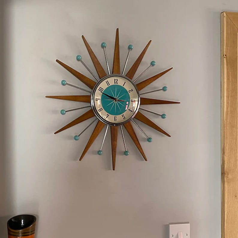 Mid-Century Handmade Wall Clock | Retro Sunburst, Silent Battery
