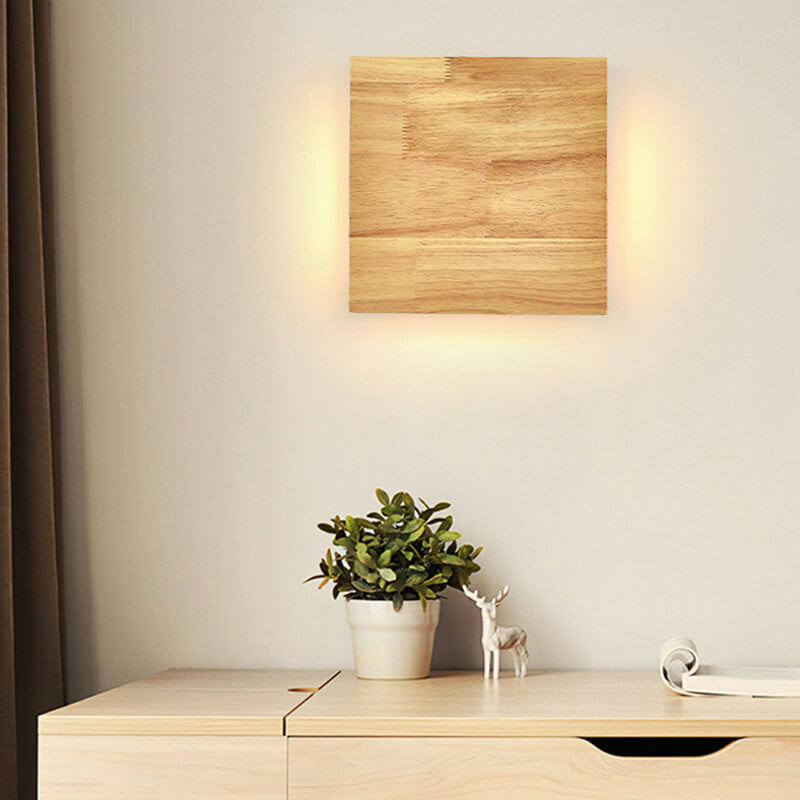 LED wall light Japanese wooden square rectangle rubberwood minimalist design