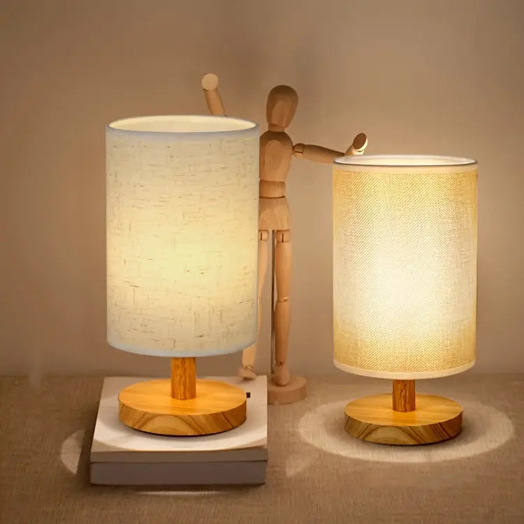 Minimalist Japanese LED Table Lamp - Wooden Base - Fabric Shade