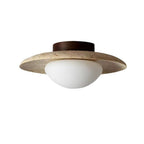Semi-flush ceiling light with travertine and wood finish, warm white LED glow, modern low-profile design
