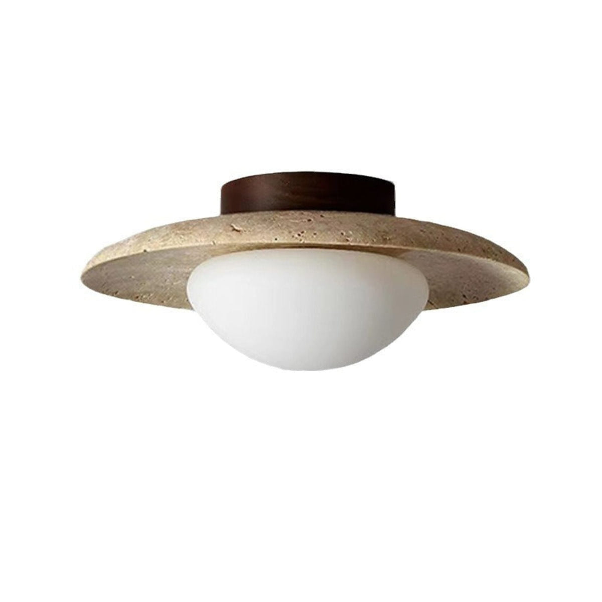 Semi-flush ceiling light with travertine and wood finish, warm white LED glow, modern low-profile design