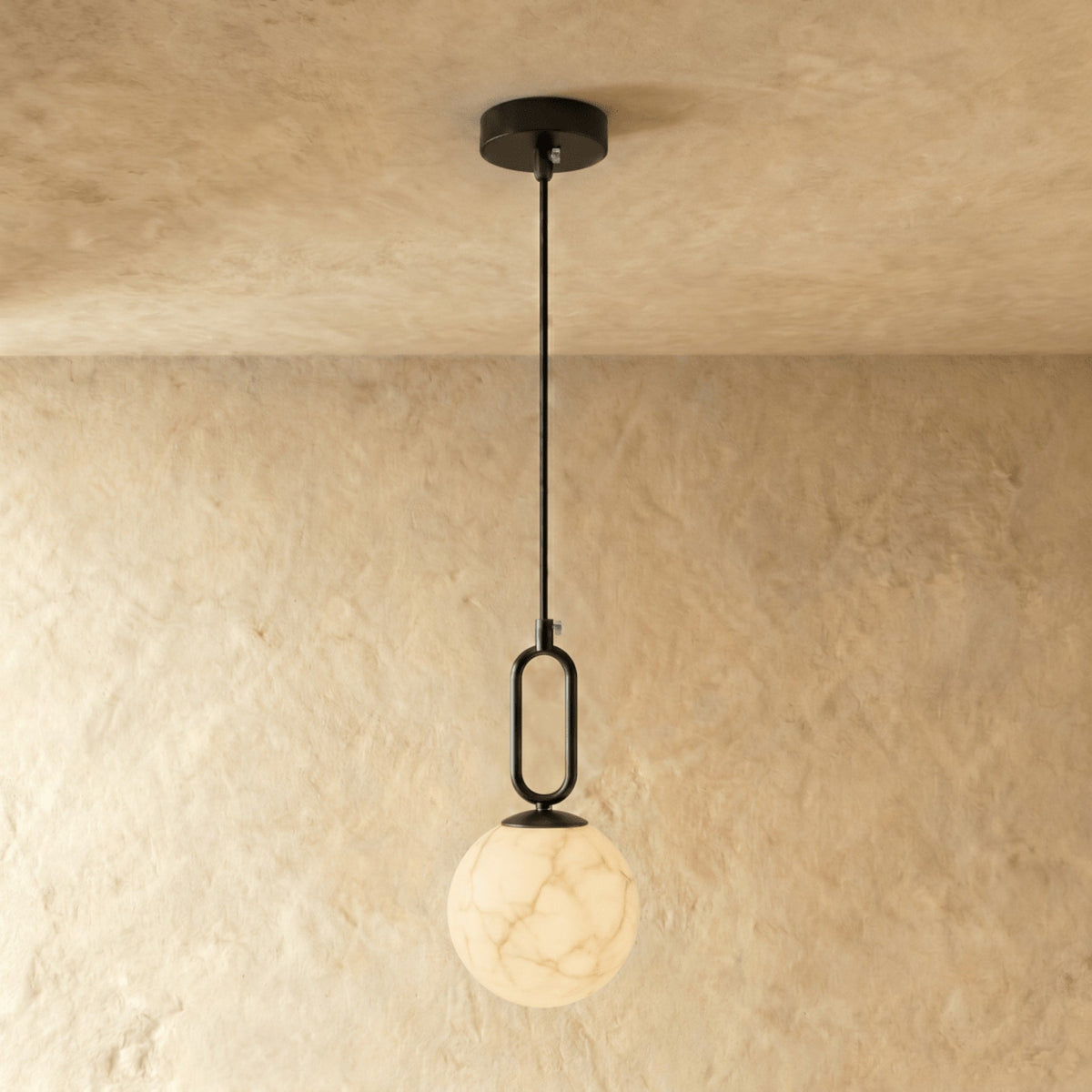 Marble pendant light warm LED glow, minimalist natural stone hardwired ceiling fixture