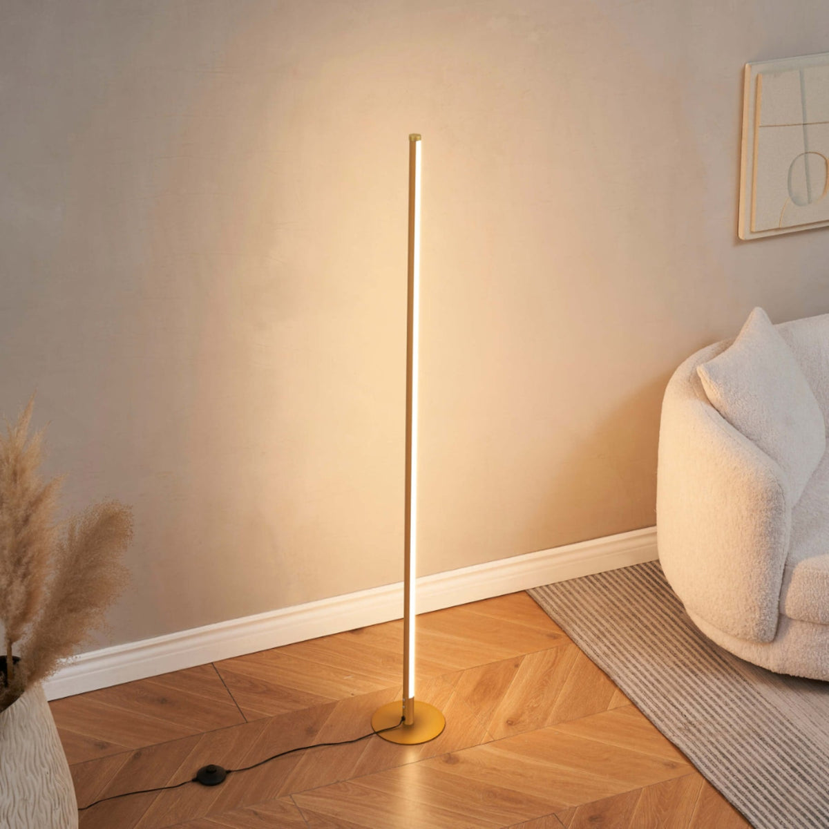 Minimalist metal floor lamp with tri-color dimming, slim aluminum design for living room