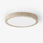 Flush mount ceiling light with travertine finish, slim profile, round LED, three sizes