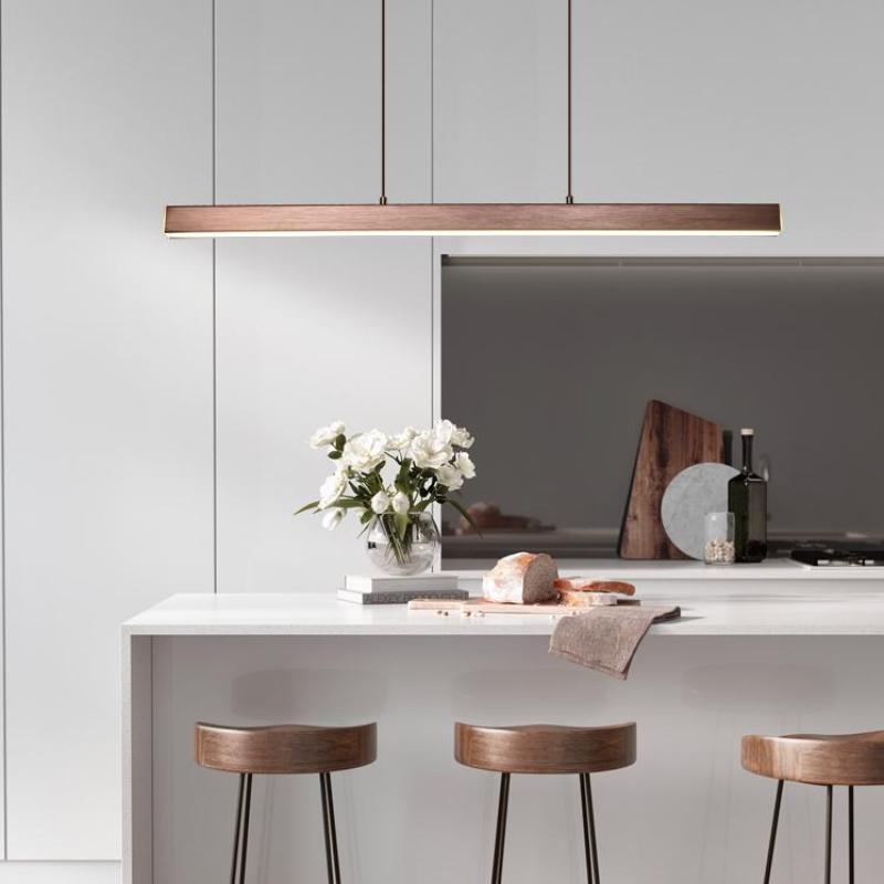 Modern linear LED pendant light in black metal with acrylic shade, dimmable, dining room