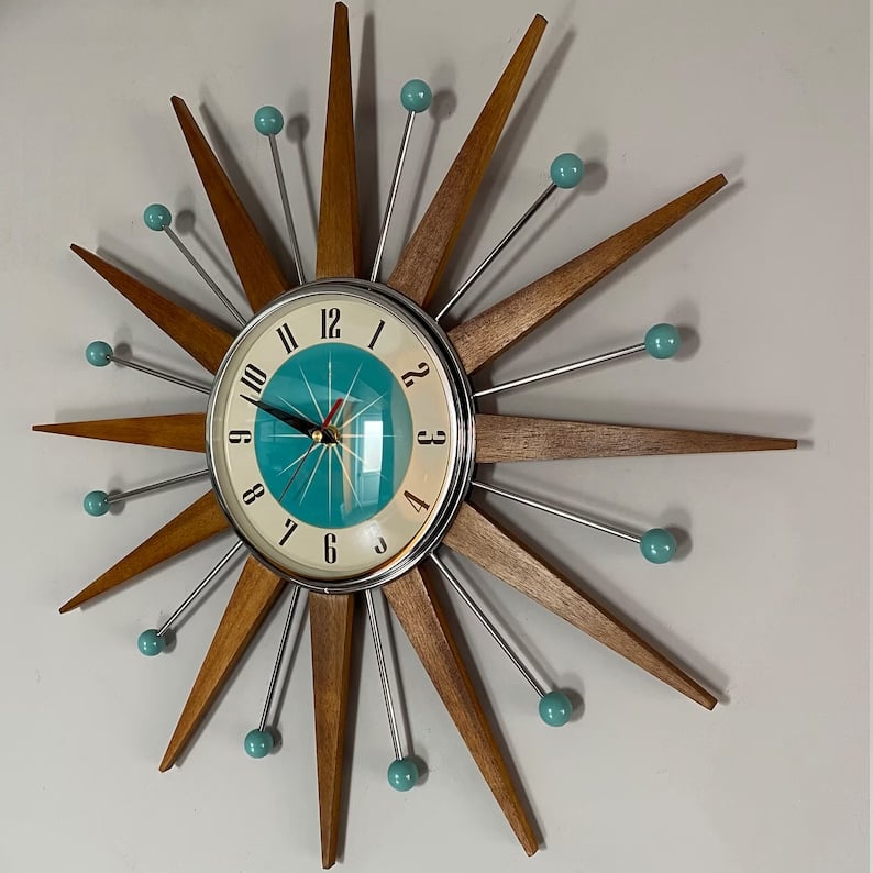 Mid-Century Handmade Wall Clock | Retro Sunburst, Silent Battery