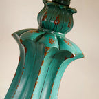 Vintage green floor lamp with metal and resin base, warm brown cotton-linen shade, living room