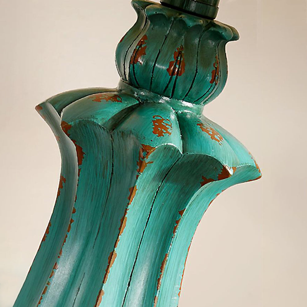Vintage green floor lamp with metal and resin base, warm brown cotton-linen shade, living room