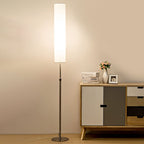 White cylindrical minimalist floor lamp 180cm metal and fabric shade, indoor living room