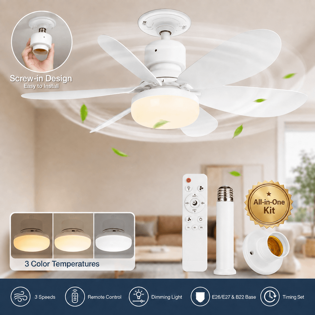 2-in-1 dimmable socket fan E26 E27 with remote control, LED ceiling fan