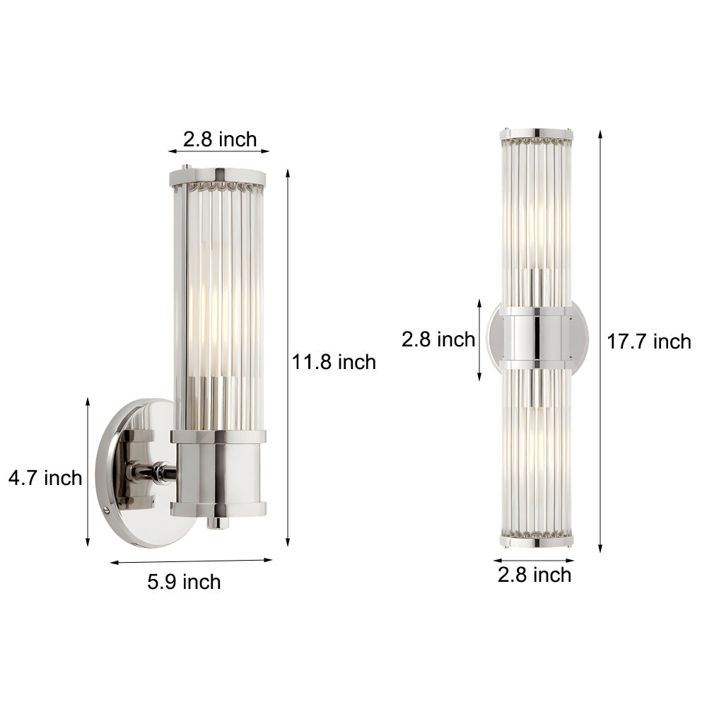 Modern wall lamp with cylindrical ribbed clear glass shade in chrome and gold finish, 1 or 2 light