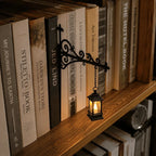 Bookshelf light with decorative mini pendant and wrought iron bracket, warm white cordless