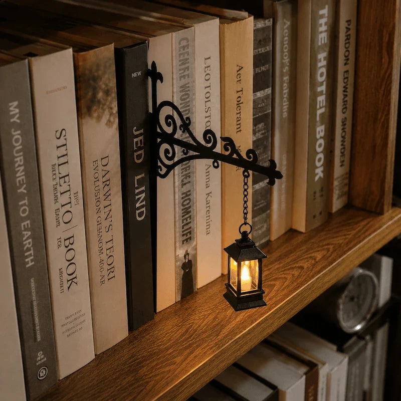Bookshelf light with decorative mini pendant and wrought iron bracket, warm white cordless