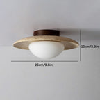 Semi-flush ceiling light with travertine and wood finish, warm white LED glow, modern low-profile design
