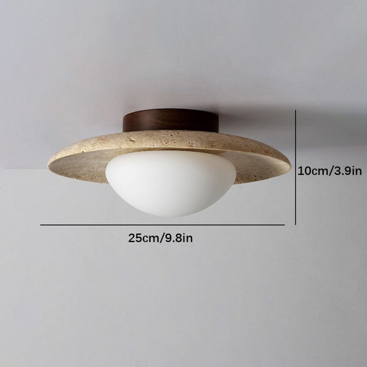 Semi-flush ceiling light with travertine and wood finish, warm white LED glow, modern low-profile design