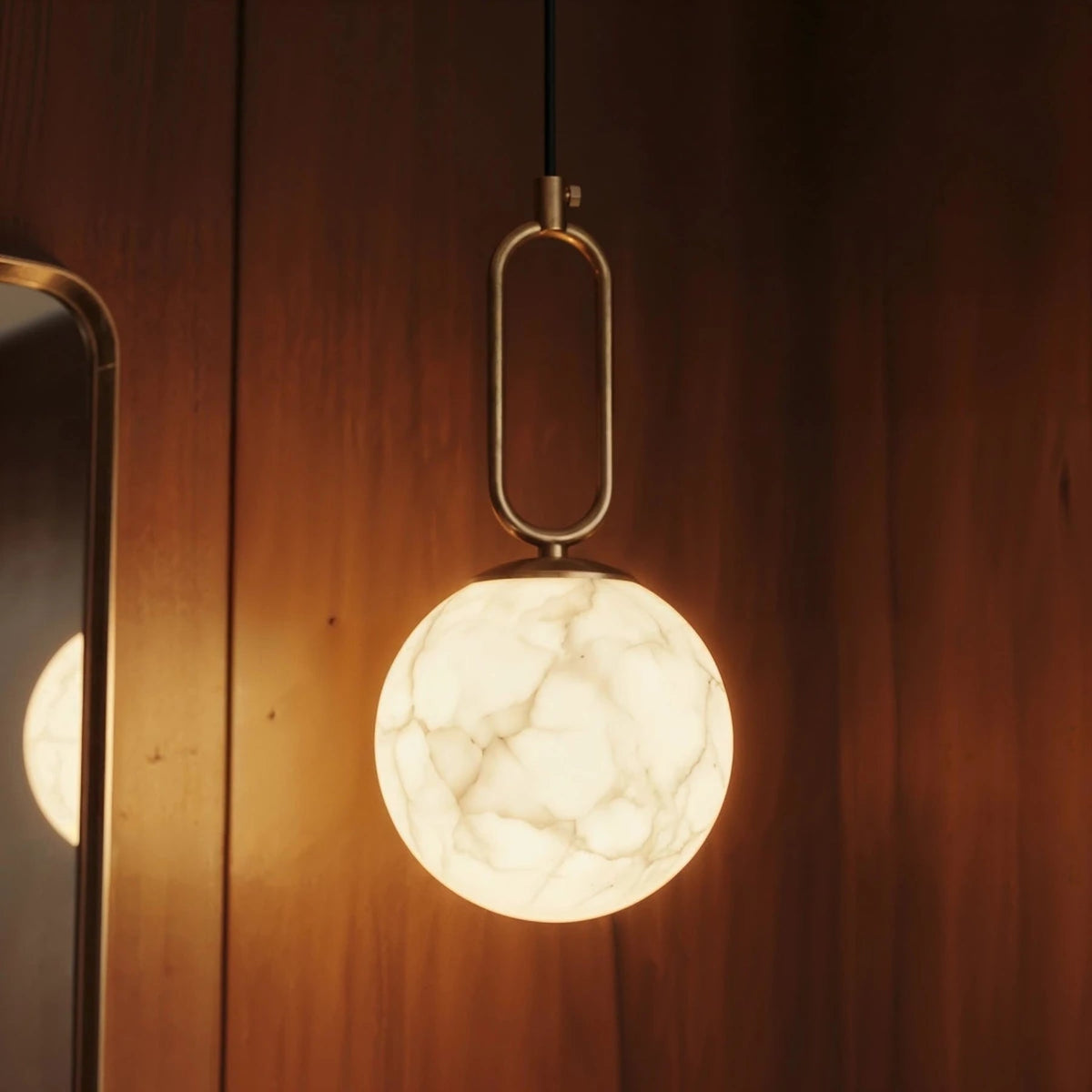 Marble pendant light warm LED glow, minimalist natural stone hardwired ceiling fixture