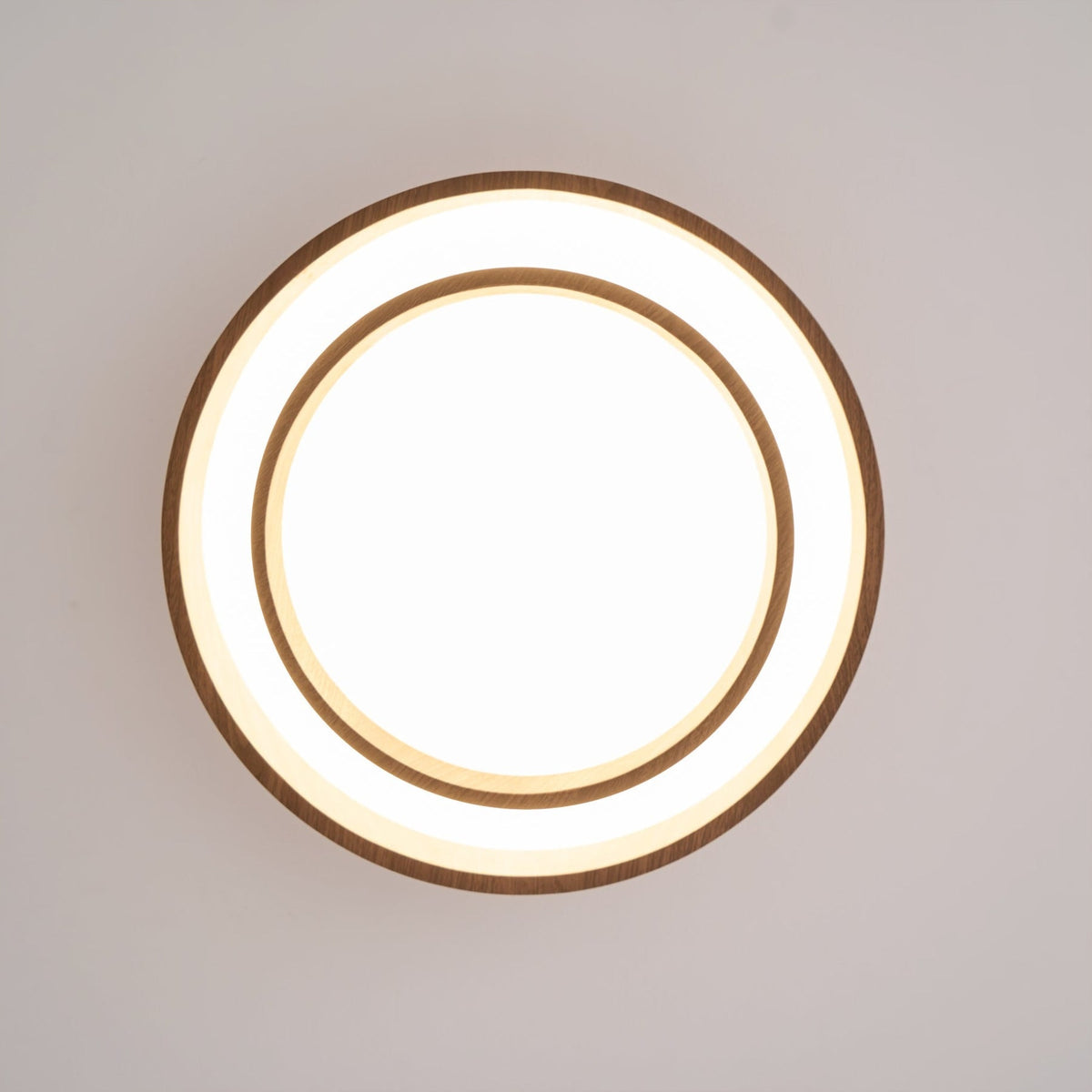 Flush mount ceiling light with walnut wood finish and multi-color LED, modern low-profile design
