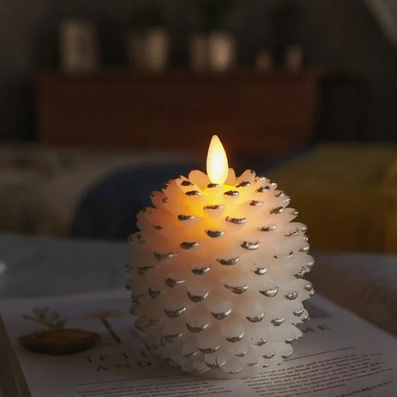 Flameless LED pinecone candles with remote timer and warm white flicker effect