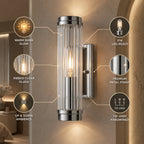 Modern wall lamp with cylindrical ribbed clear glass shade in chrome and gold finish, 1 or 2 light