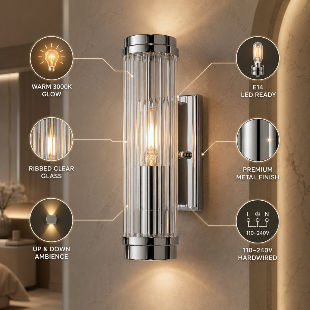 Modern wall lamp with cylindrical ribbed clear glass shade in chrome and gold finish, 1 or 2 light