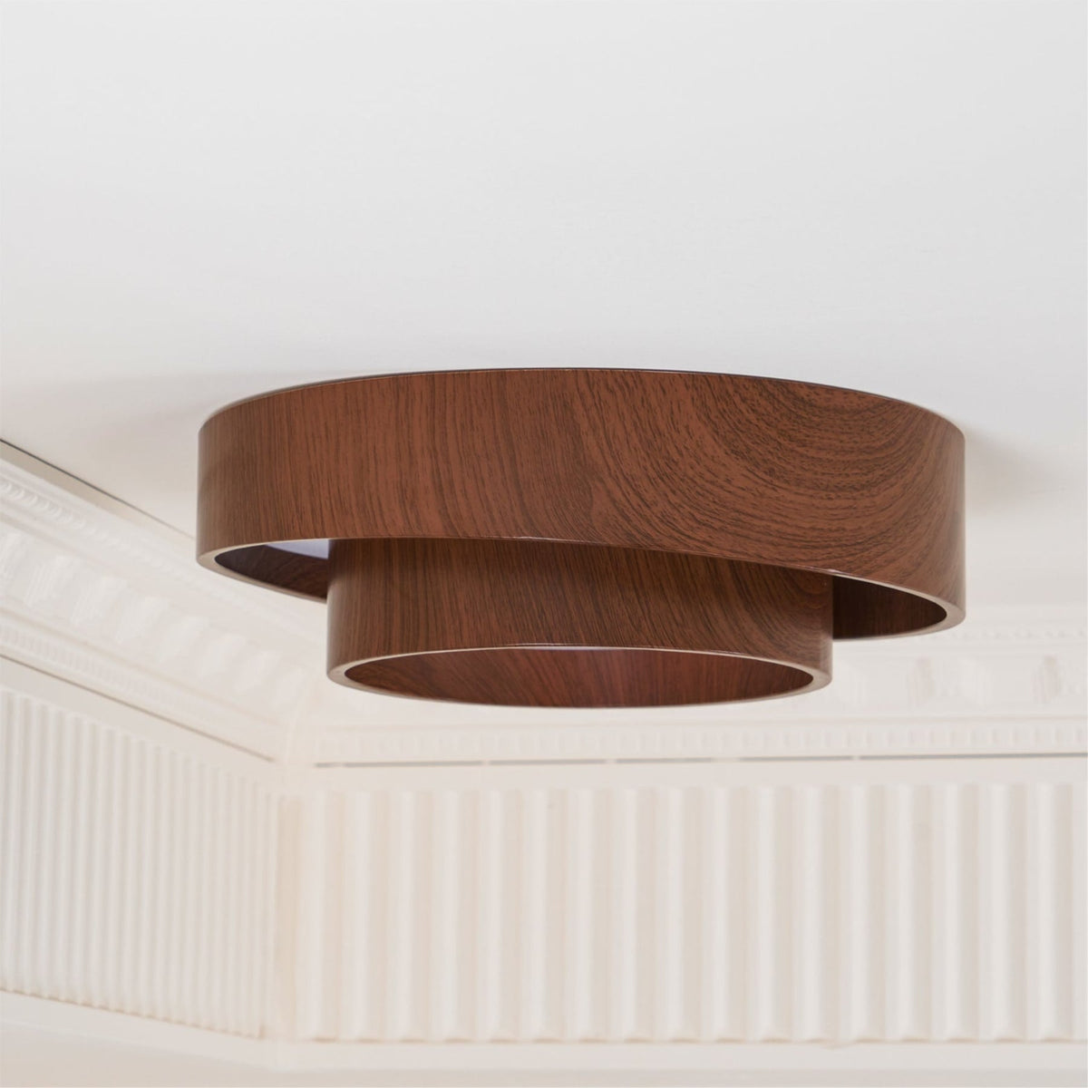 Flush mount ceiling light with walnut wood finish and multi-color LED, modern low-profile design