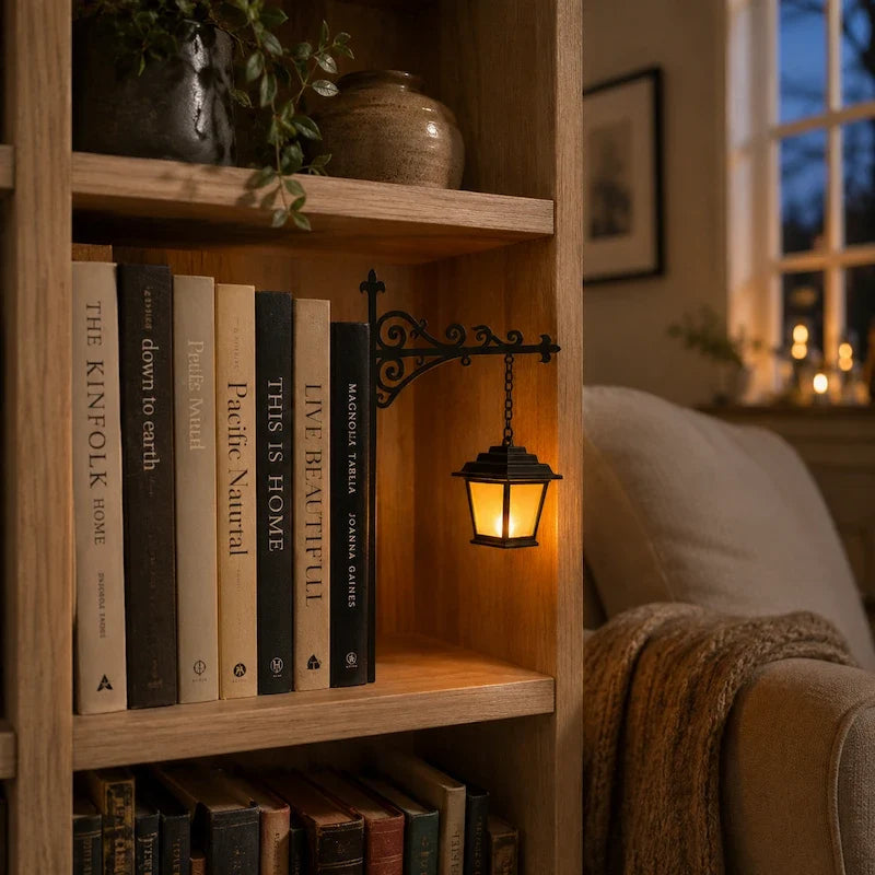 Bookshelf light with decorative mini pendant and wrought iron bracket, warm white cordless