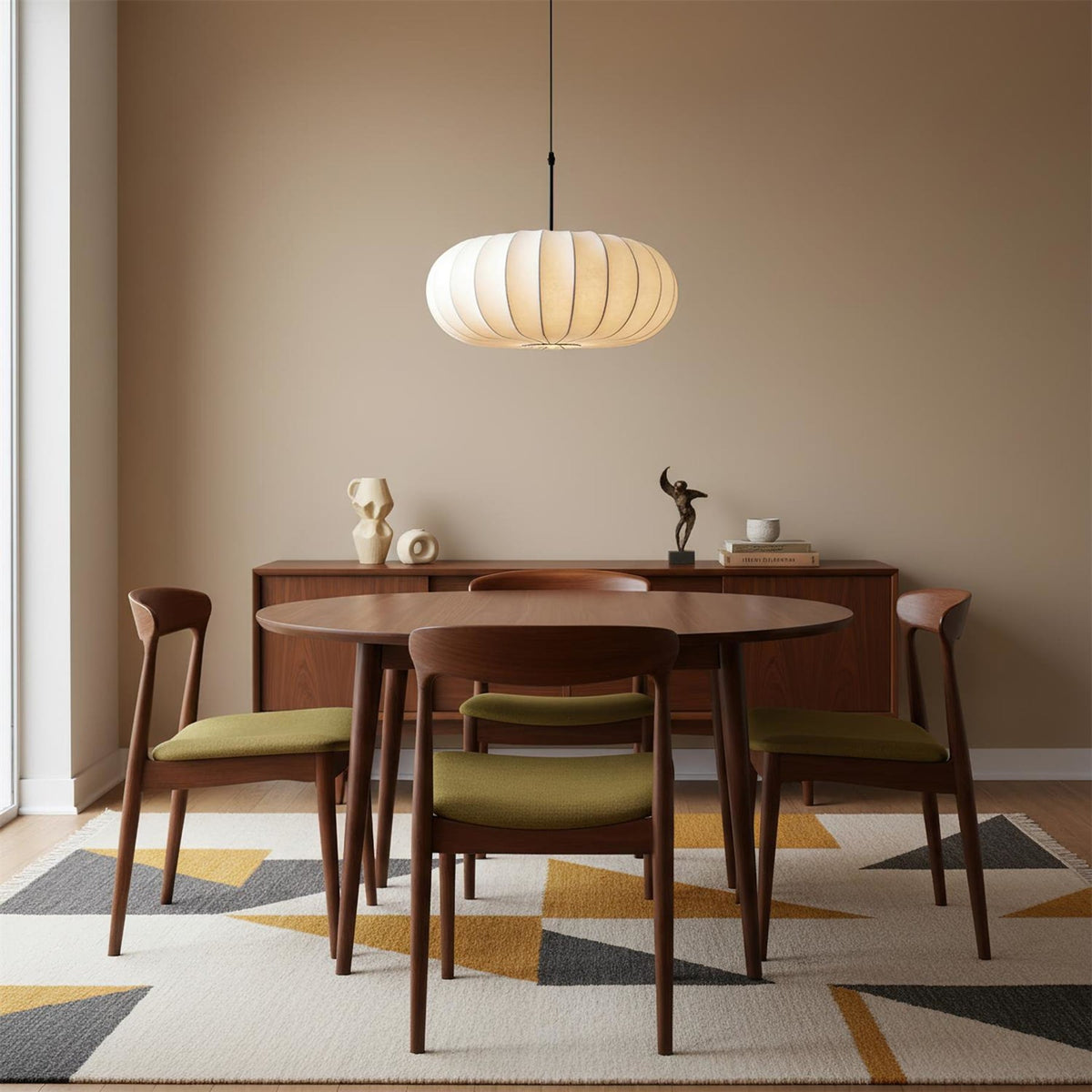 Fabric pendant light modern silk shade for living and dining room, hardwired matte finish