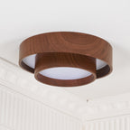 Flush mount ceiling light with walnut wood finish and multi-color LED, modern low-profile design