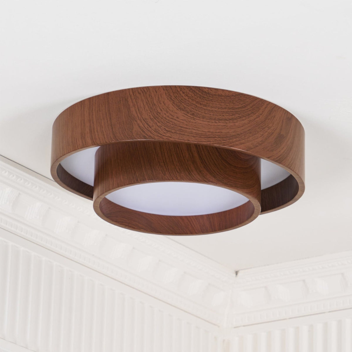 Flush mount ceiling light with walnut wood finish and multi-color LED, modern low-profile design