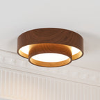 Flush mount ceiling light with walnut wood finish and multi-color LED, modern low-profile design
