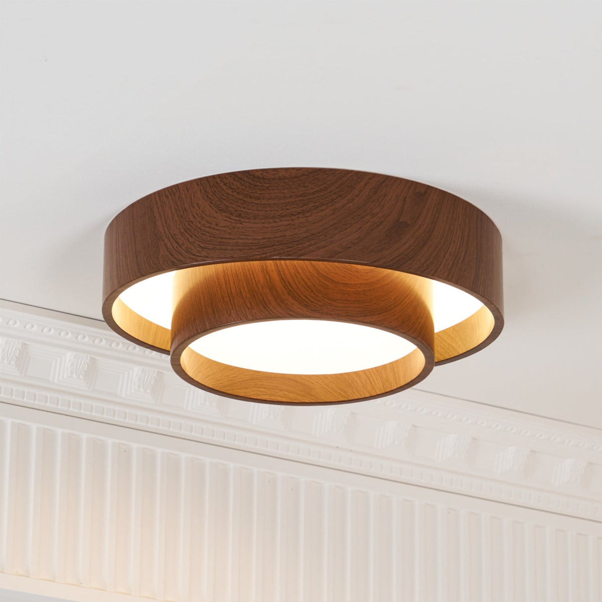 Flush mount ceiling light with walnut wood finish and multi-color LED, modern low-profile design