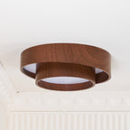 Flush mount ceiling light with walnut wood finish and multi-color LED, modern low-profile design