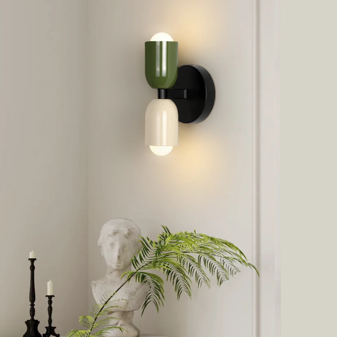 Modern minimalist cylinder LED wall sconce, 2-light iron fixture with warm white glow