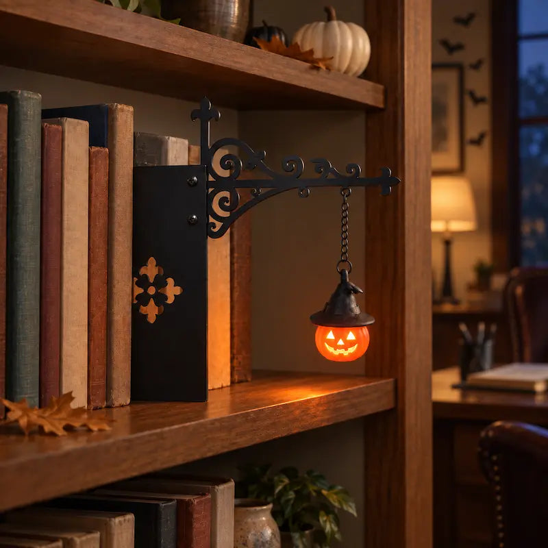 Bookshelf light with decorative mini pendant and wrought iron bracket, warm white cordless