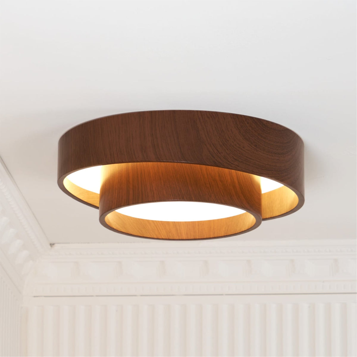 Flush mount ceiling light with walnut wood finish and multi-color LED, modern low-profile design