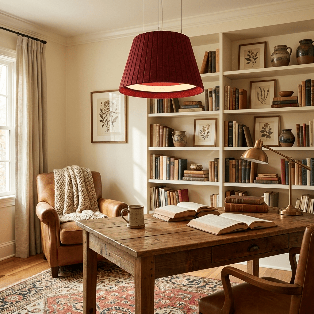Acoustic pendant light with sound-absorbing felt shade and integrated 4000K LED