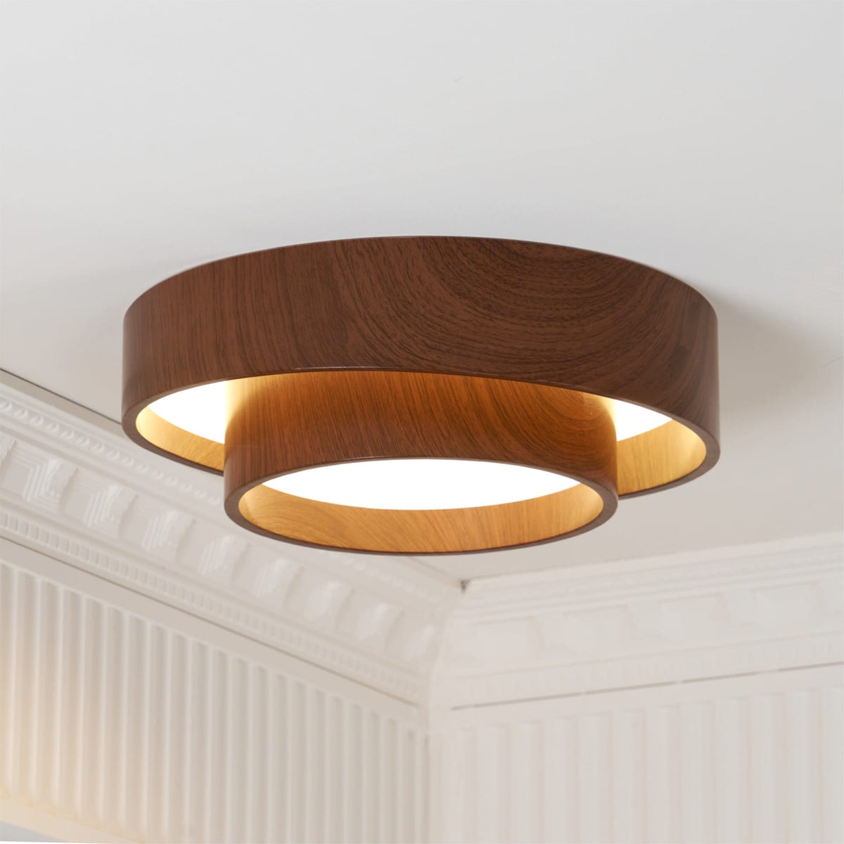 Flush mount ceiling light with walnut wood finish and multi-color LED, modern low-profile design