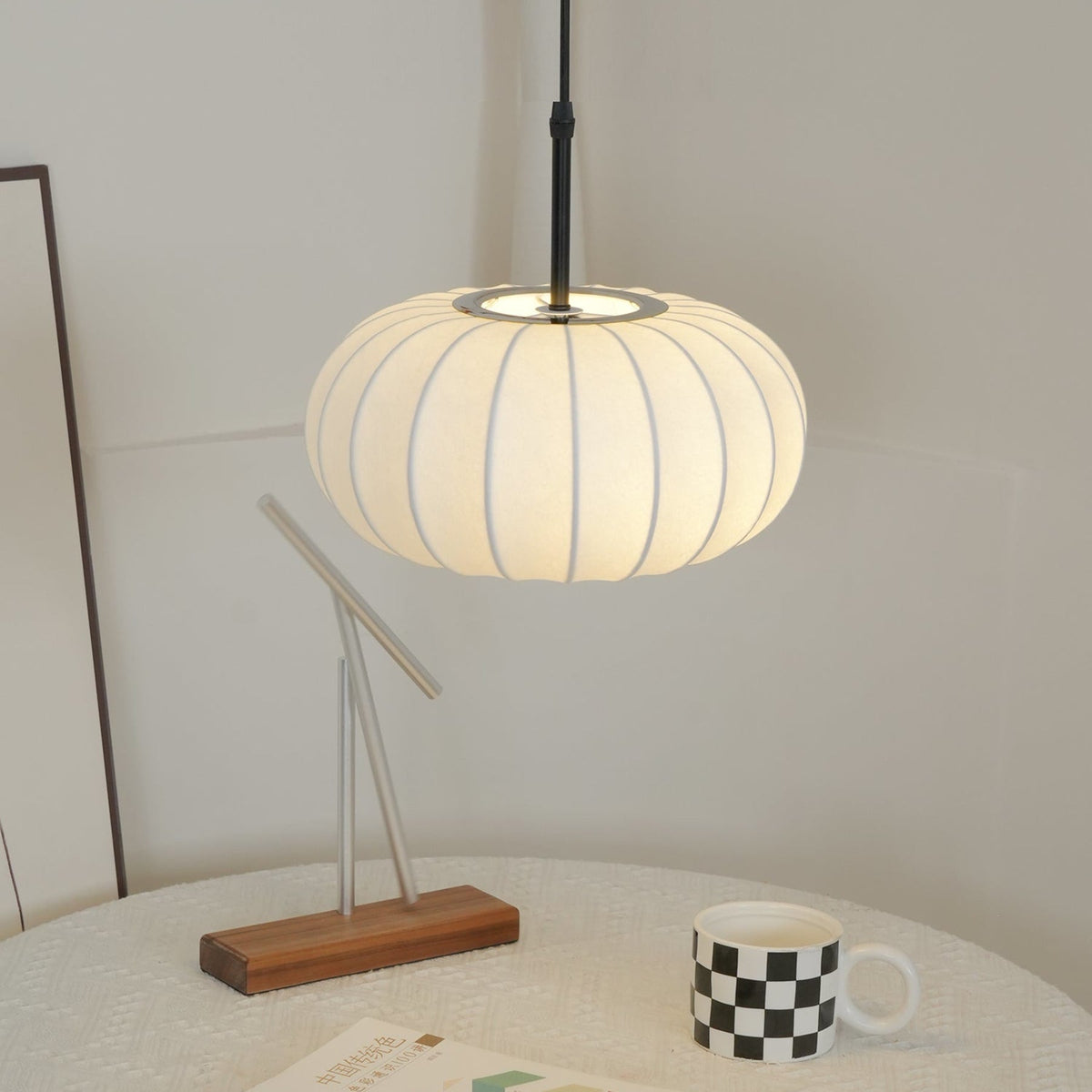 Fabric pendant light modern silk shade for living and dining room, hardwired matte finish