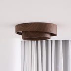 Flush mount ceiling light with walnut wood finish and multi-color LED, modern low-profile design